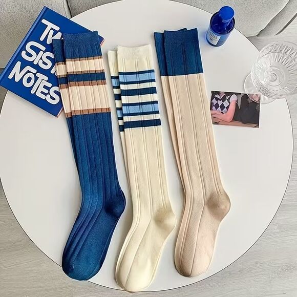 Women's Blue Striped Knee-High Socks 3 Pair Pack Fairy Maiden NEW - Picture 2 of 11